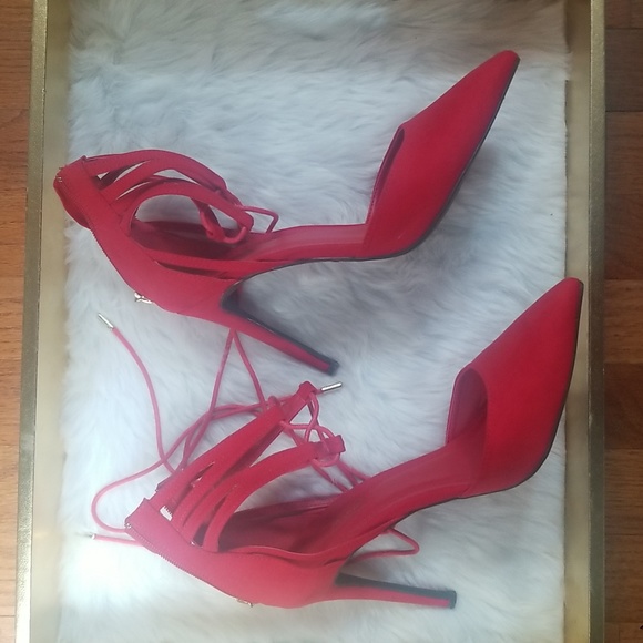 ❤Sexy Red Pointed Toe Lace up Heels Size 10 - Picture 5 of 10
